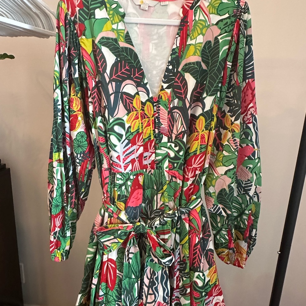 Boden Green and Red Leaf Tropical Print Dress
